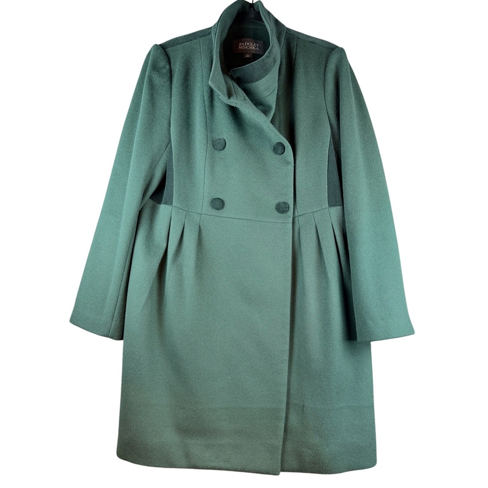 Badgley Mischka Womens Green Wool Double Breasted Pleated Flare Coat XL Velvet